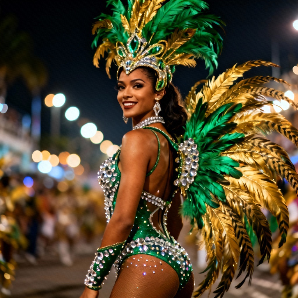 AI Rio Carnival queen costume with emerald and gold feathered headdress