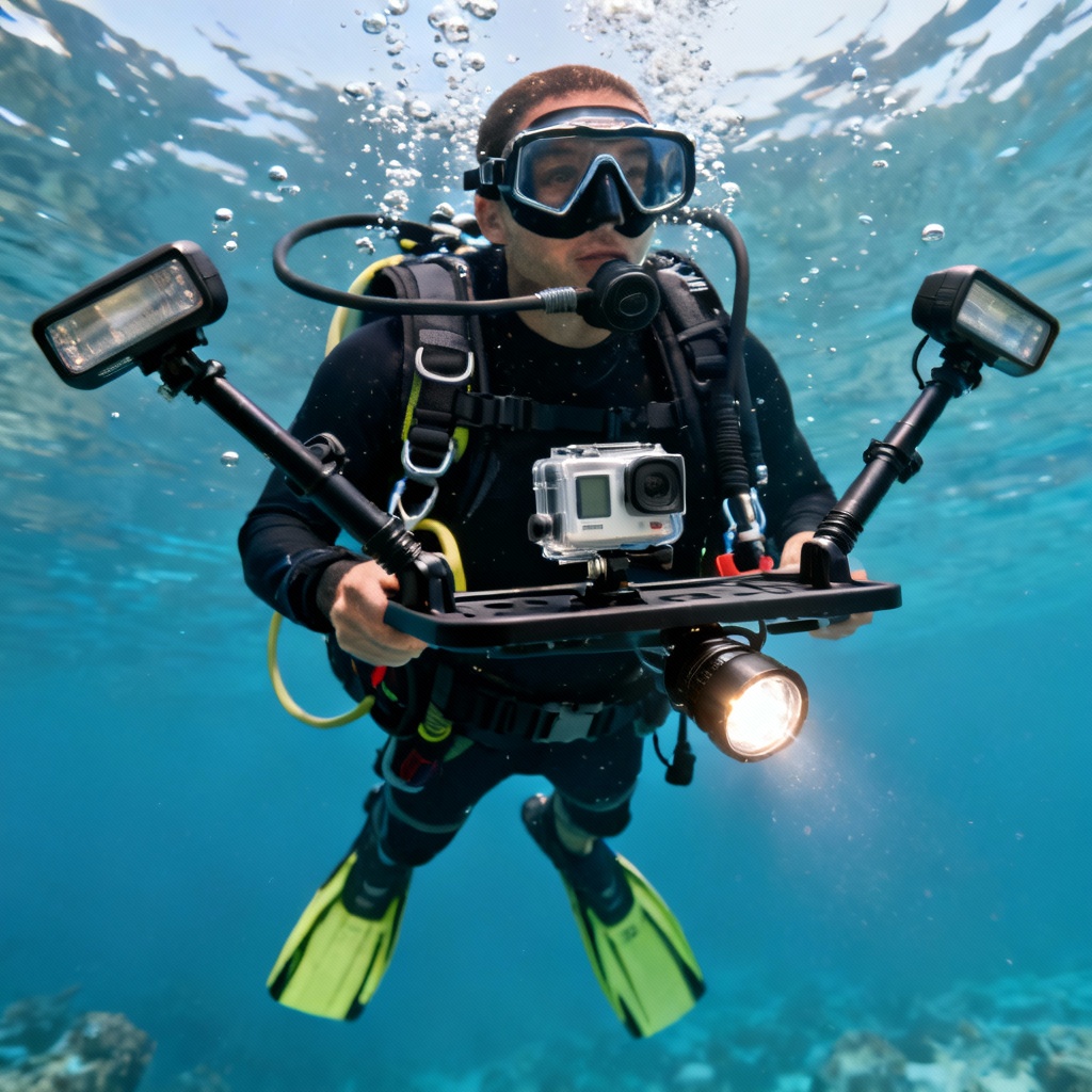 Scuba BCD with underwater camera tray and strobes