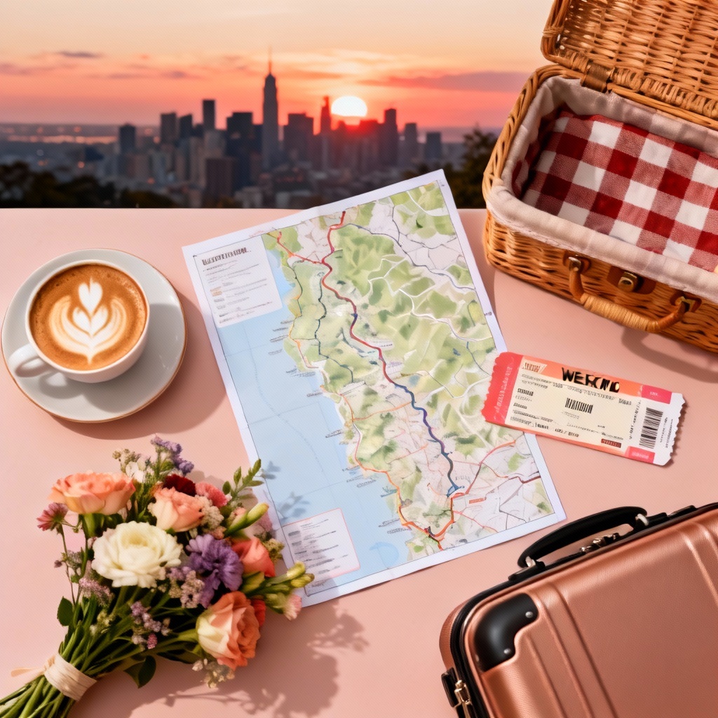 AI wonderful weekend plan collage with coffee, tickets and sunset skyline