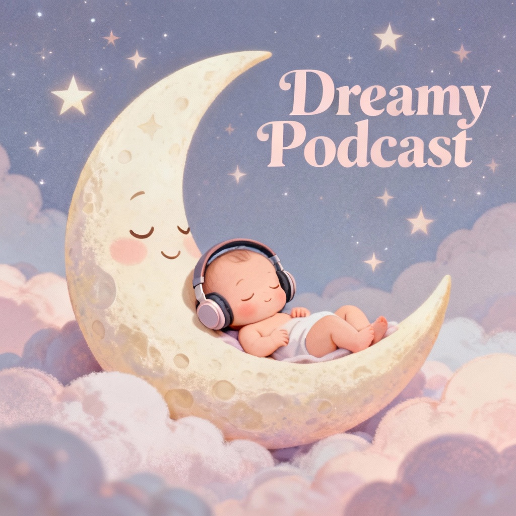 AI lullaby podcast cover with moon, baby, and headphones