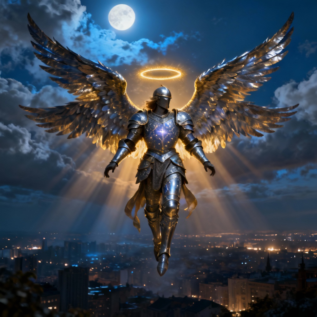 AI guardian seraph with six wings over a night city