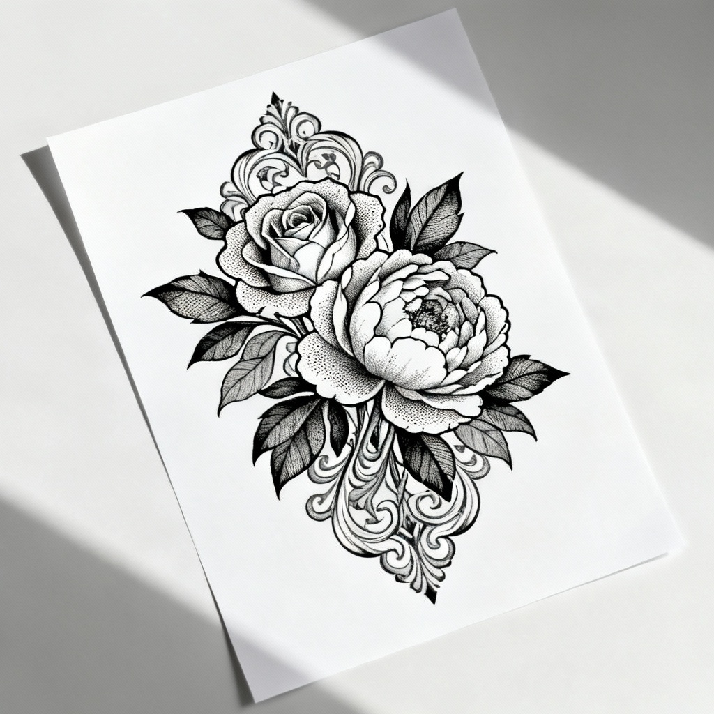 AI floral tattoo design with rose and peony linework stencil