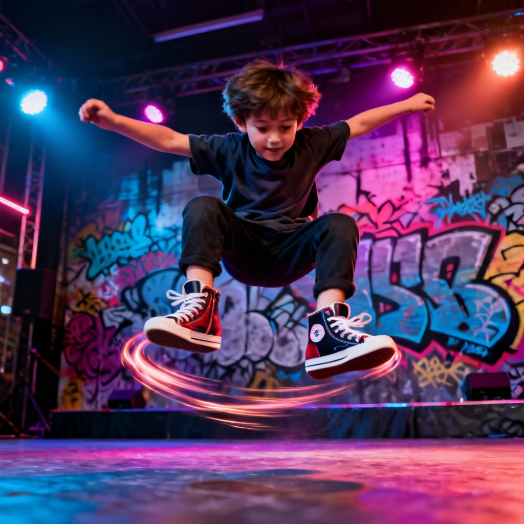 AI hip hop dancing child with neon lights