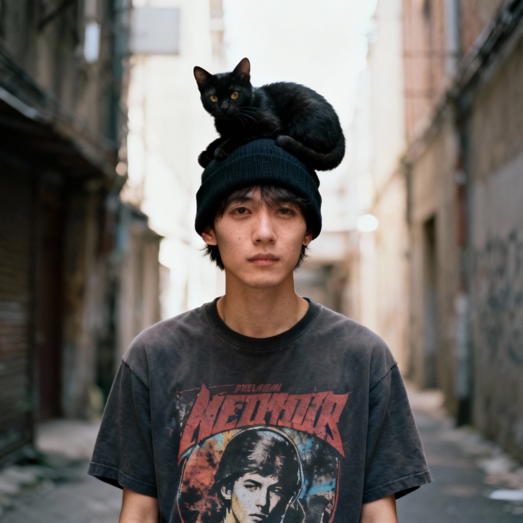 Streetwear portrait with cat as beanie
