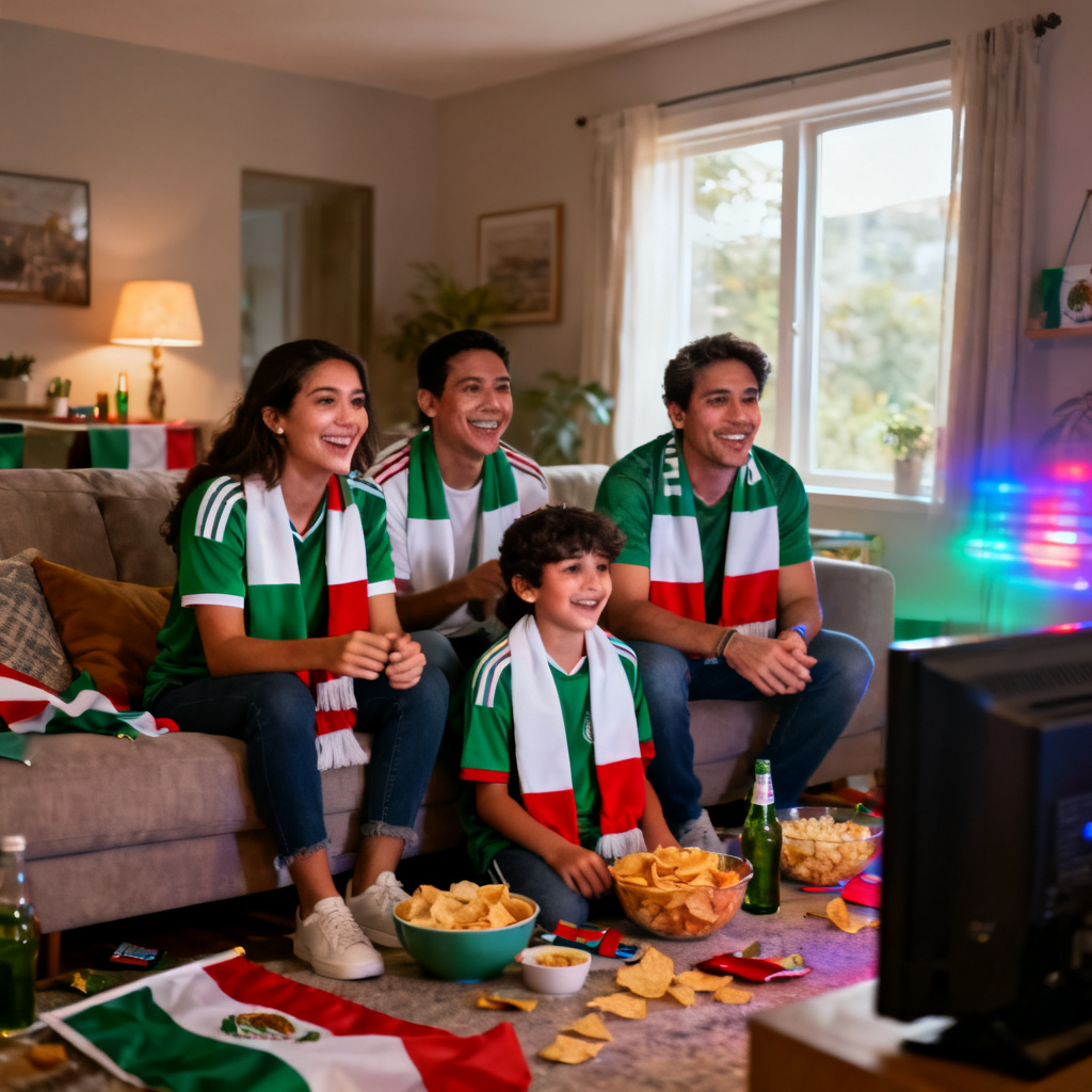 AI Mexico World Cup family watch party with green white red decorations
