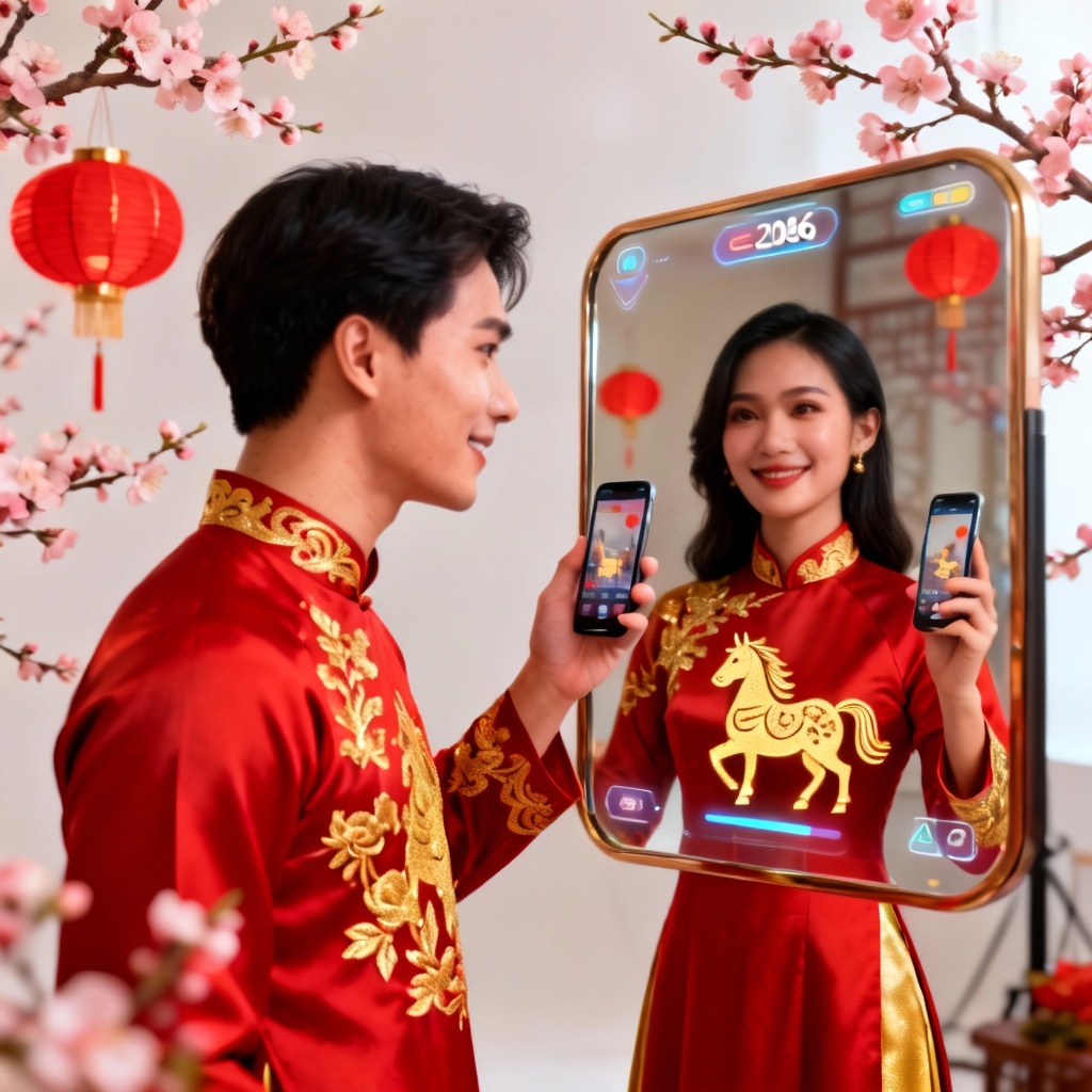 AI Tet 2026 virtual try-on showing ao dai overlays with lanterns and peach blossoms