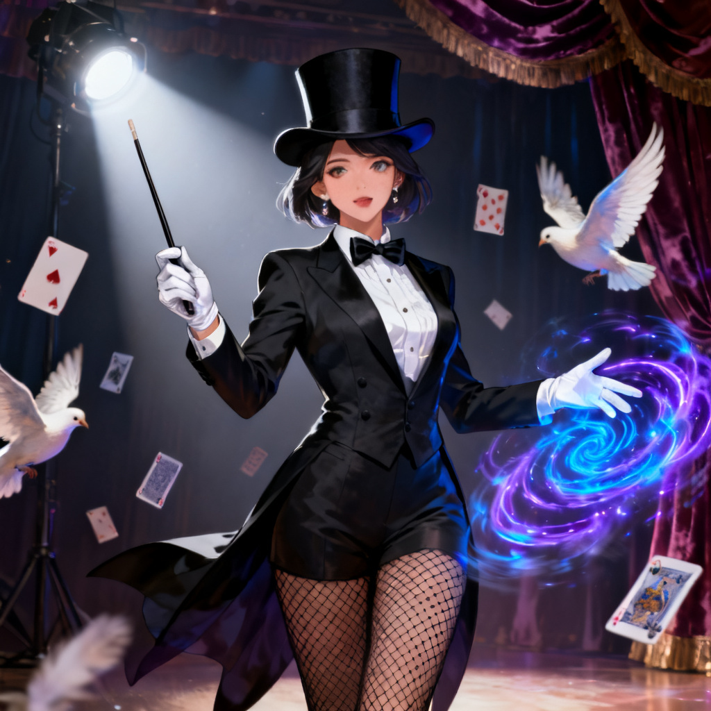 AI Zatanna-style magician with top hat casting glowing spells on stage