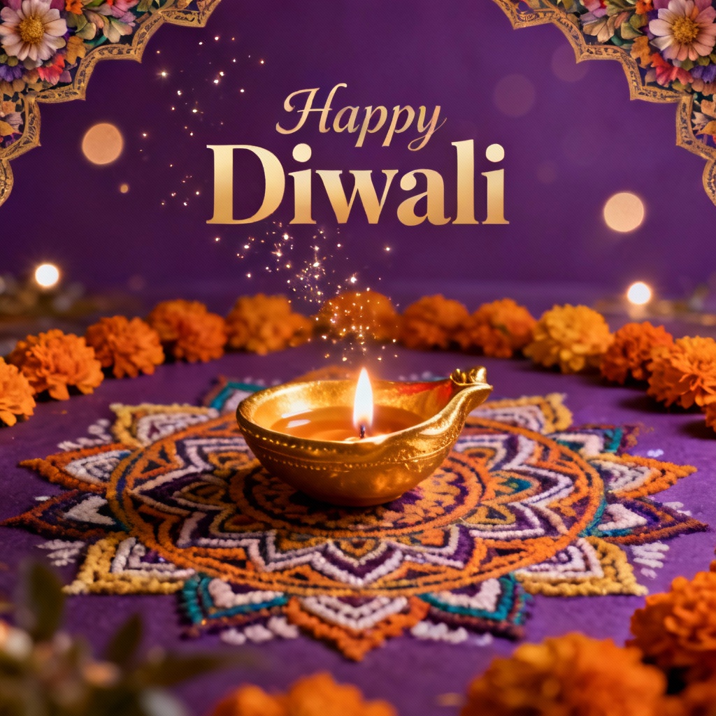 AI Diwali greeting card with glowing diyas, rangoli patterns, and festive lights
