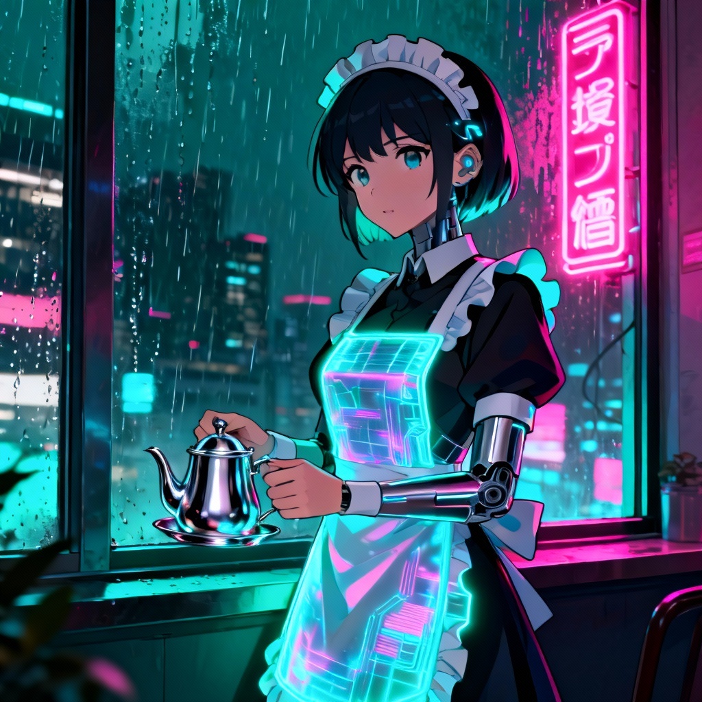 AI cyberpunk waifu maid in neon cafe