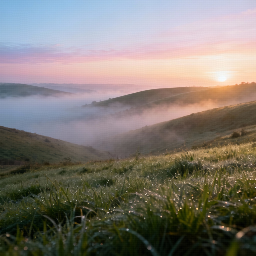 AI misty sunrise over rolling hills and valleys