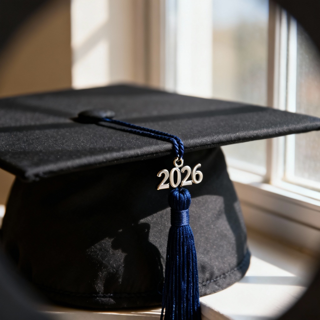 Graduation cap with navy tassel and metallic year charm