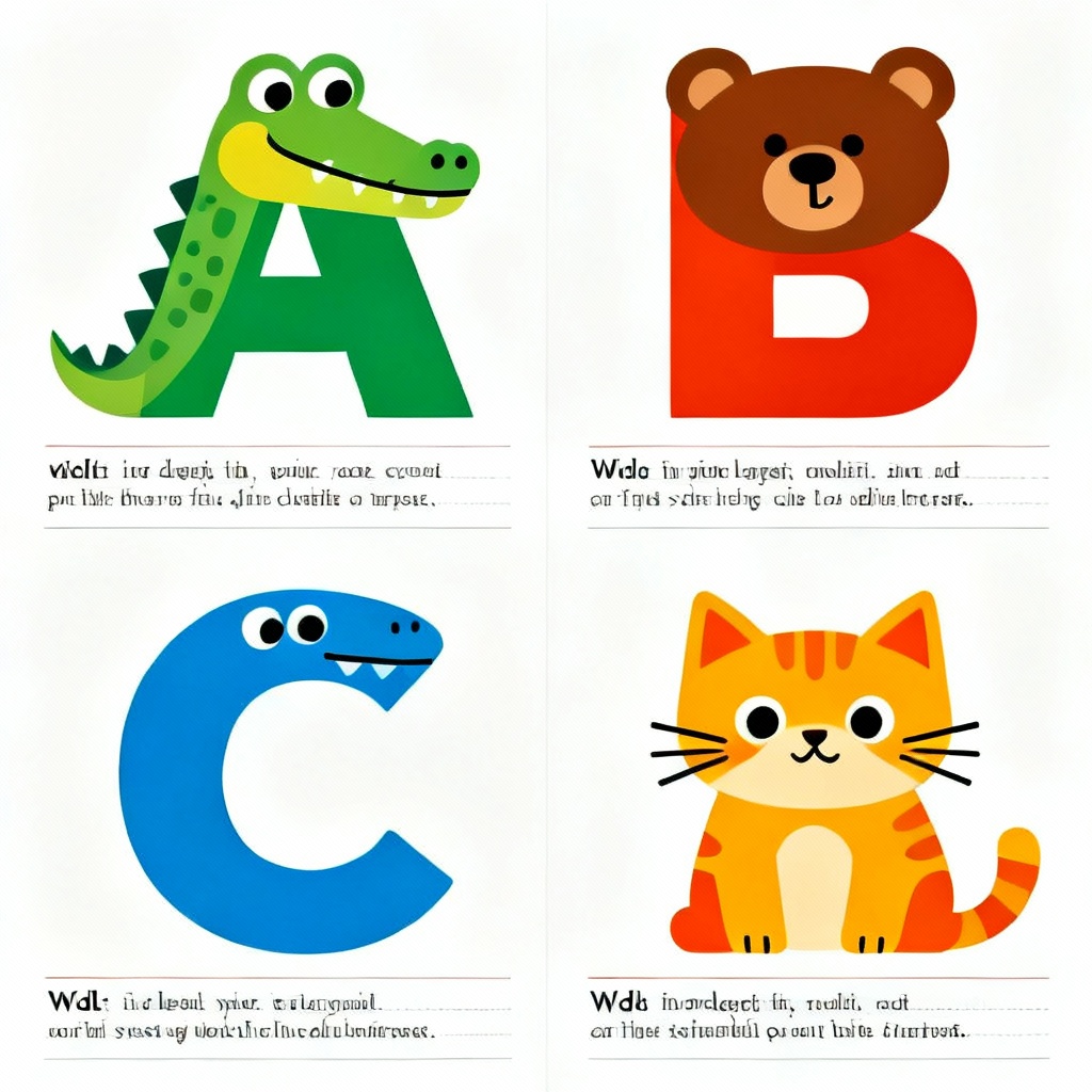 AI alphabet animals picture book page design