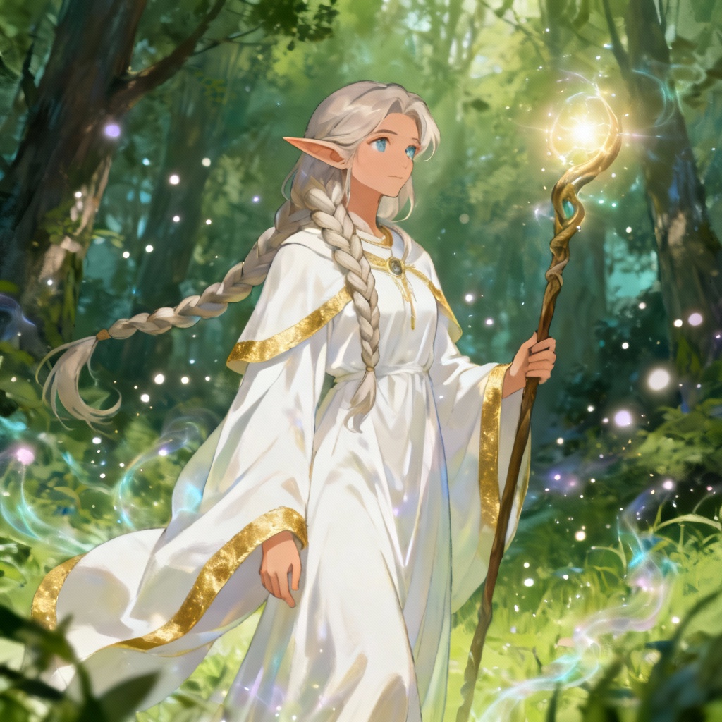 Fantasy elf healer anime girlfriend in a forest