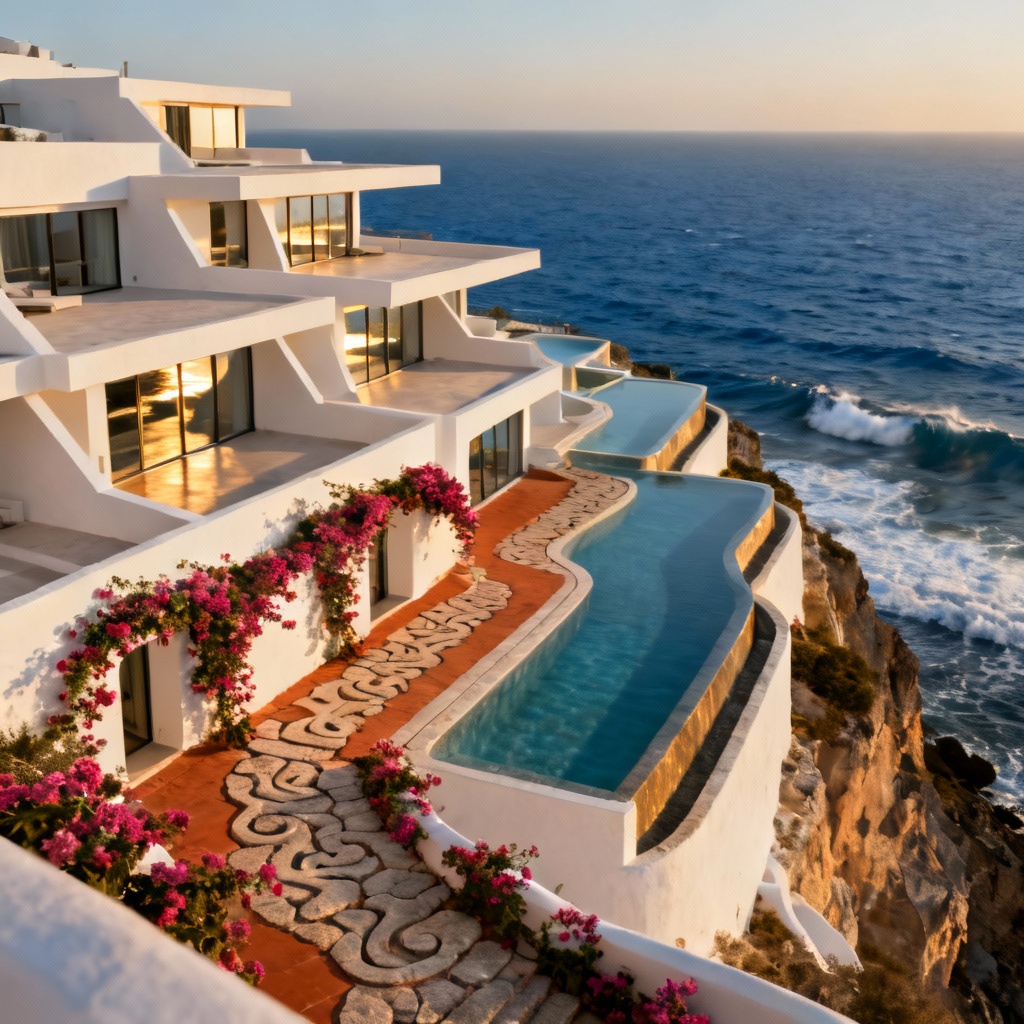 AI cliffside Mediterranean luxury resort with tiered pools