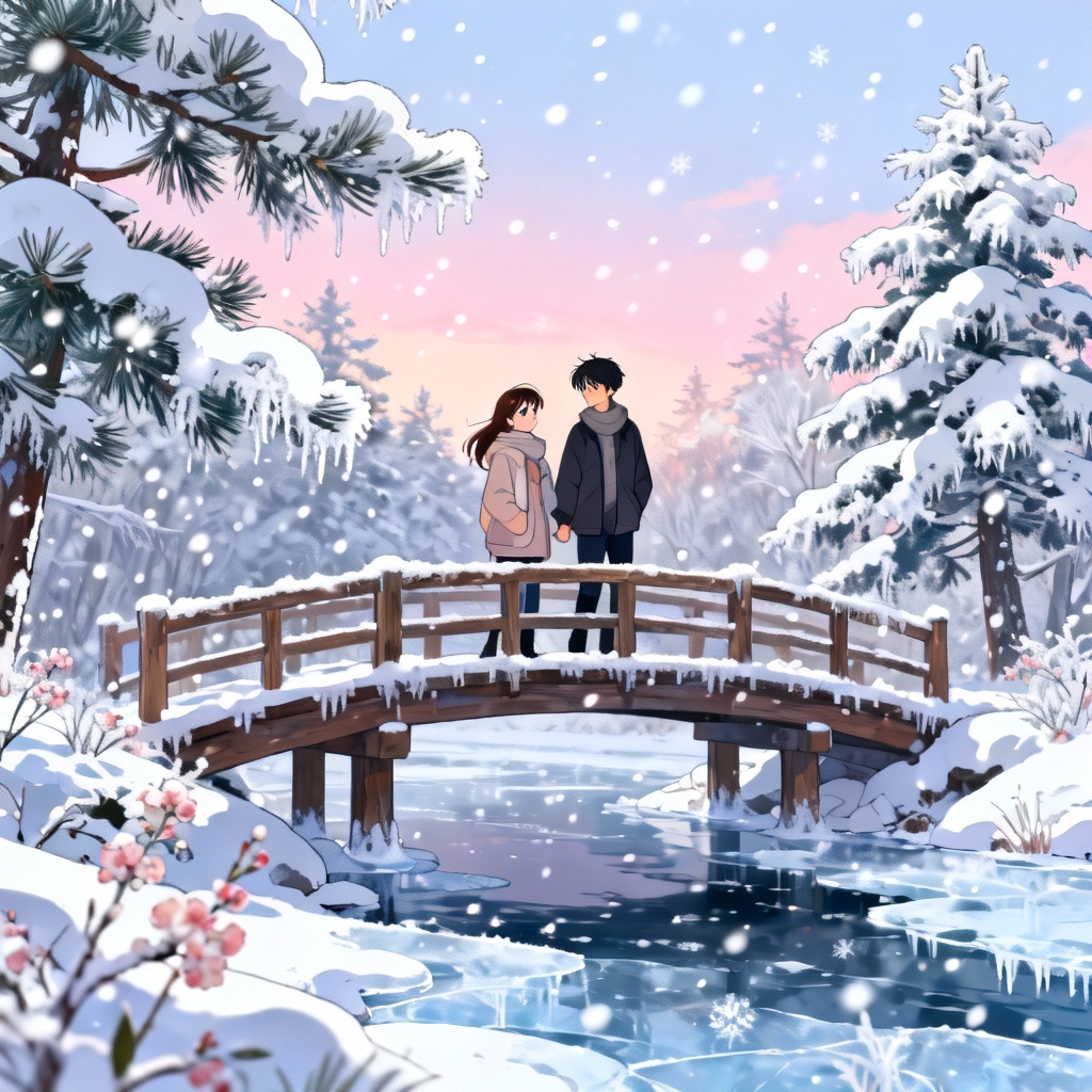 Anime snow scene with couple on a bridge