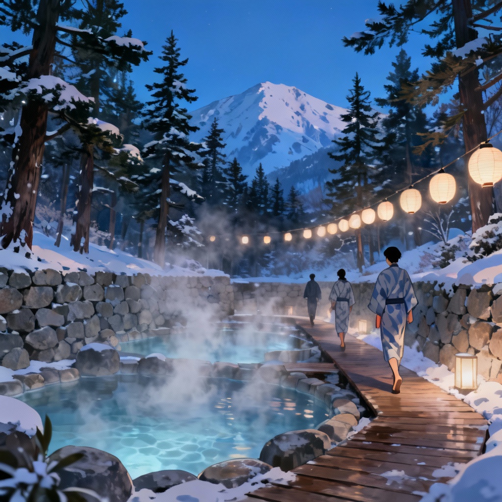 AI Snowy Mountain Onsen Rotenburo Anime Scene