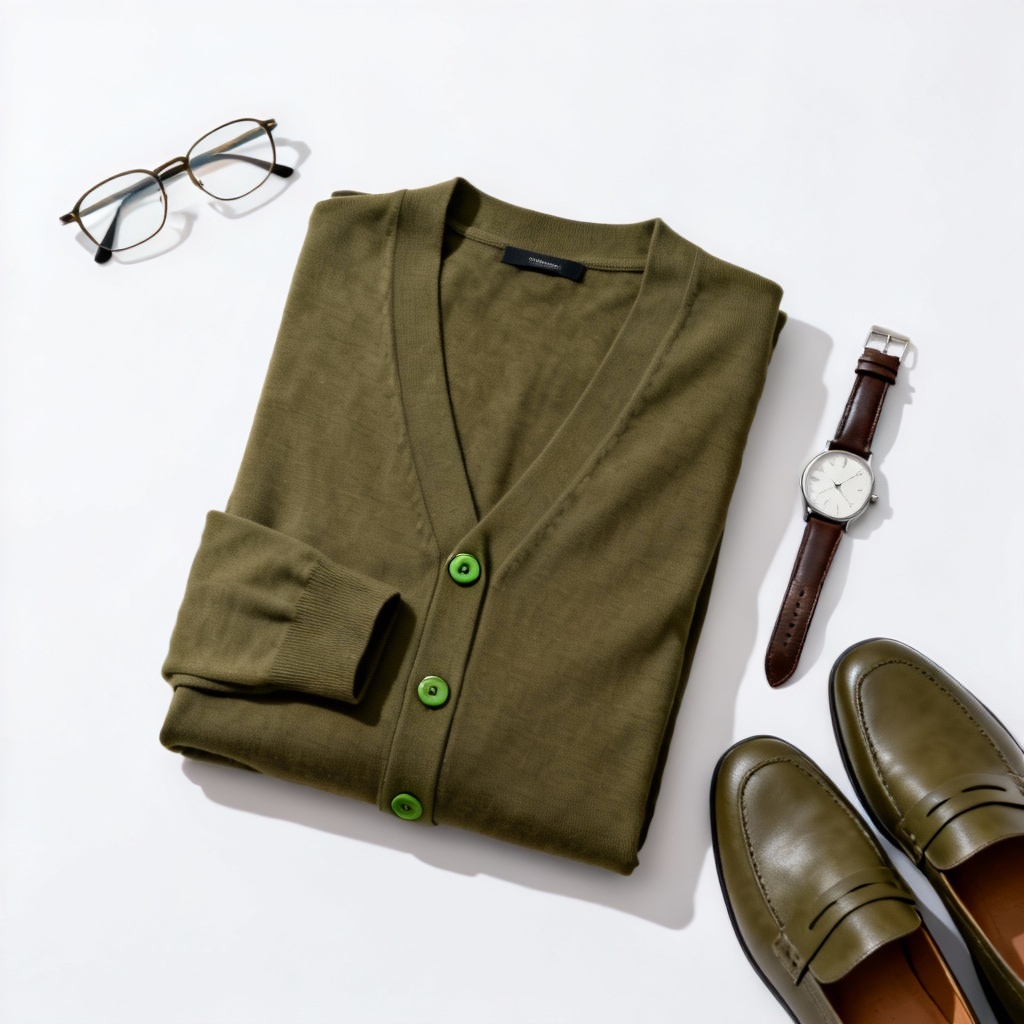 Minimalist olive cardigan flat lay with accessories