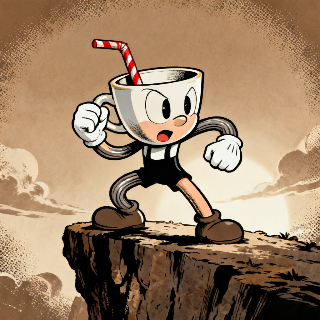 AI Cuphead OC porcelain-headed hero in vintage cartoon style