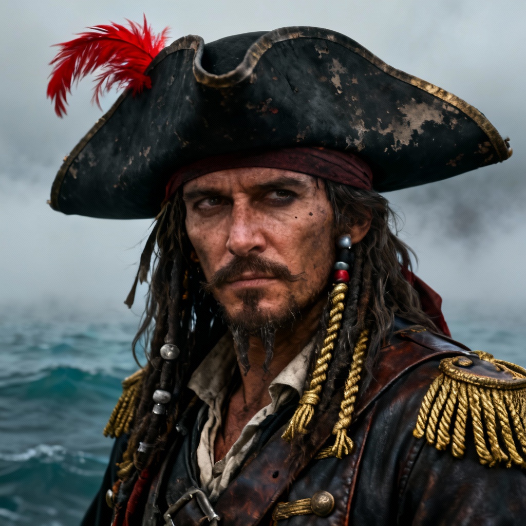 Pirate captain with weathered tricorn hat and feather plume