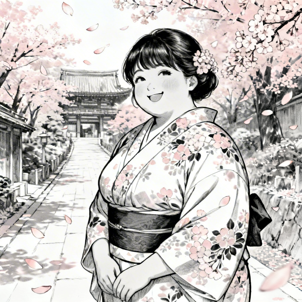 AI Manga Chubby Girl in kimono under cherry blossoms