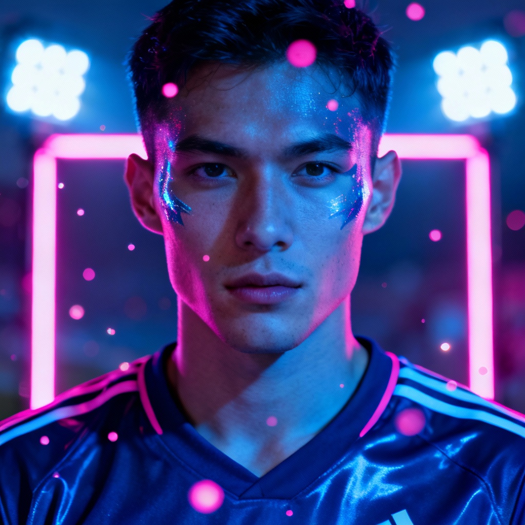AI world cup avatar with neon stadium lighting
