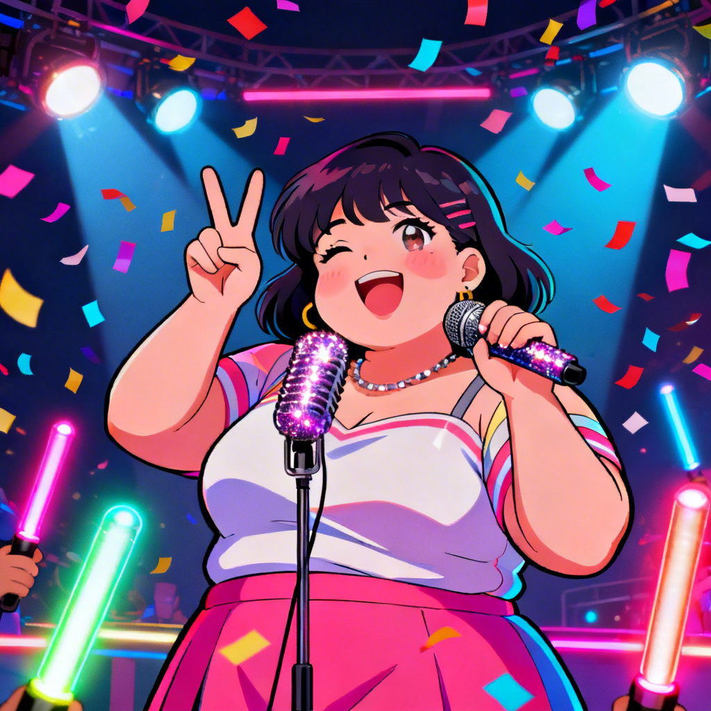Adult chubby anime idol performing on a retro 90s style stage