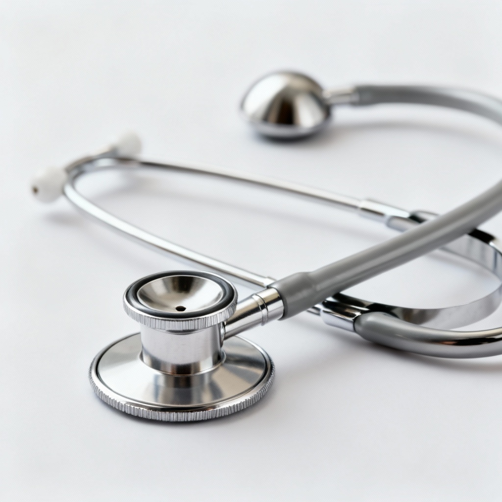 Photorealistic stainless steel stethoscope on clean white background