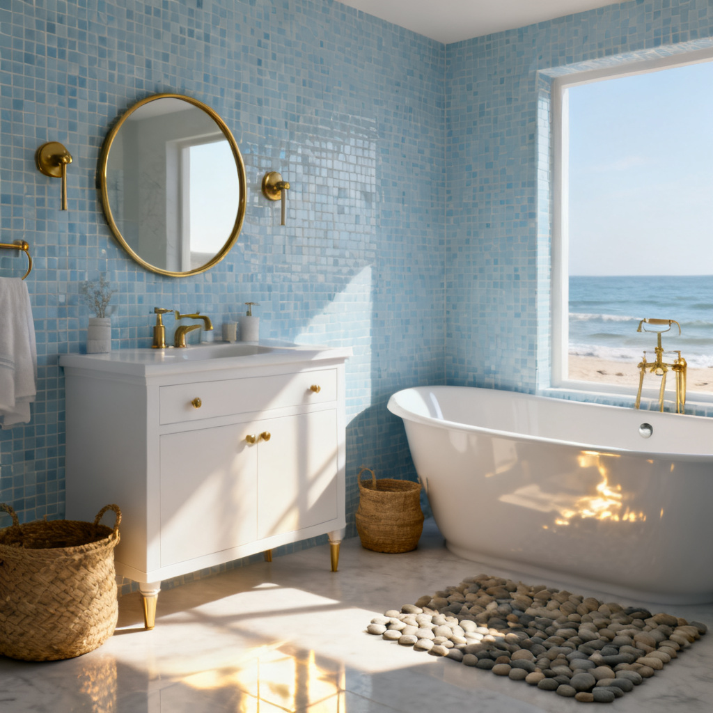 AI coastal bathroom with light blues and natural textures