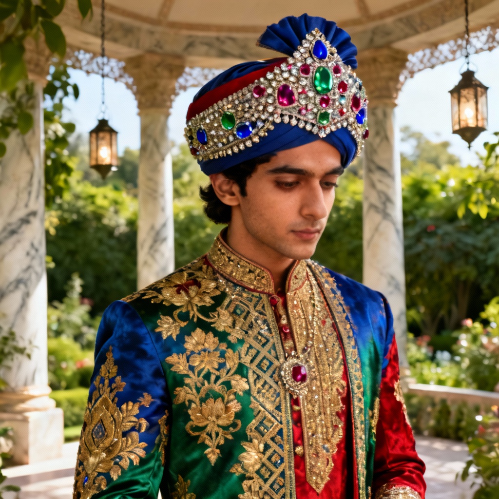 AI Mughal-style prince with jeweled turban and brocade