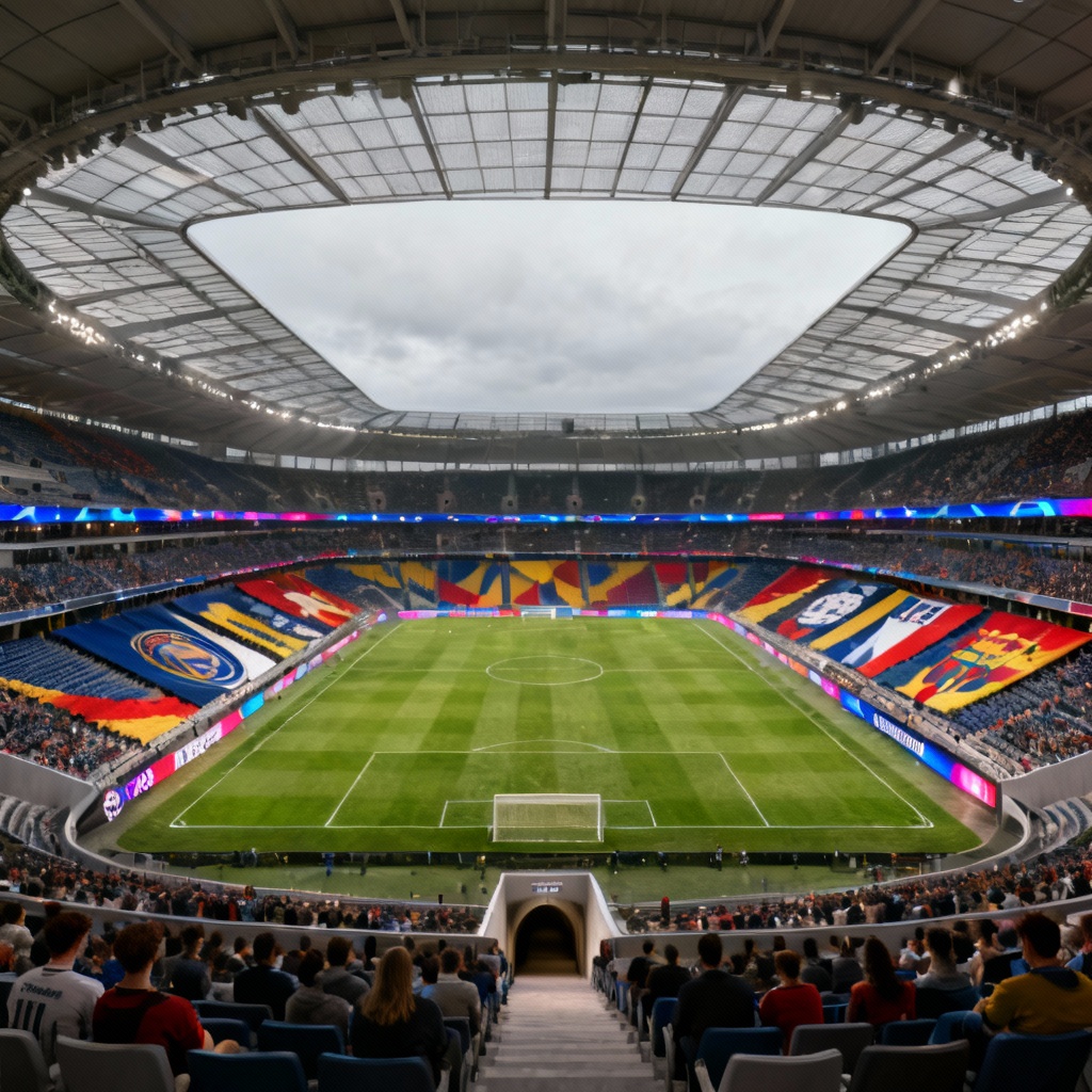 AI soccer stadium with retractable roof and LED boards
