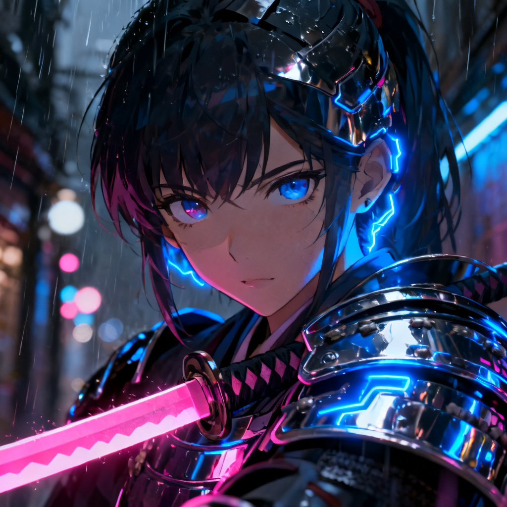 AI-generated neon cyberpunk samurai original character portrait