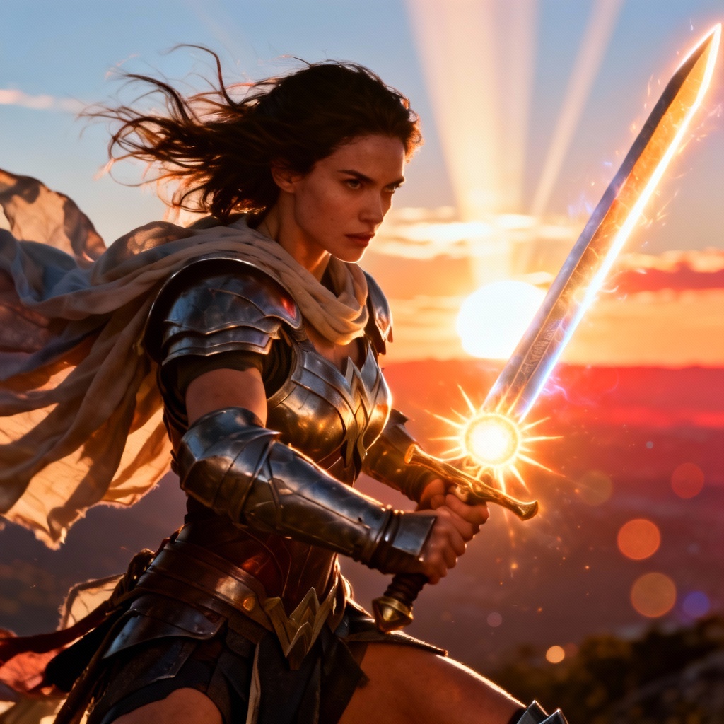 AI Female Hero with glowing energy blade at sunrise