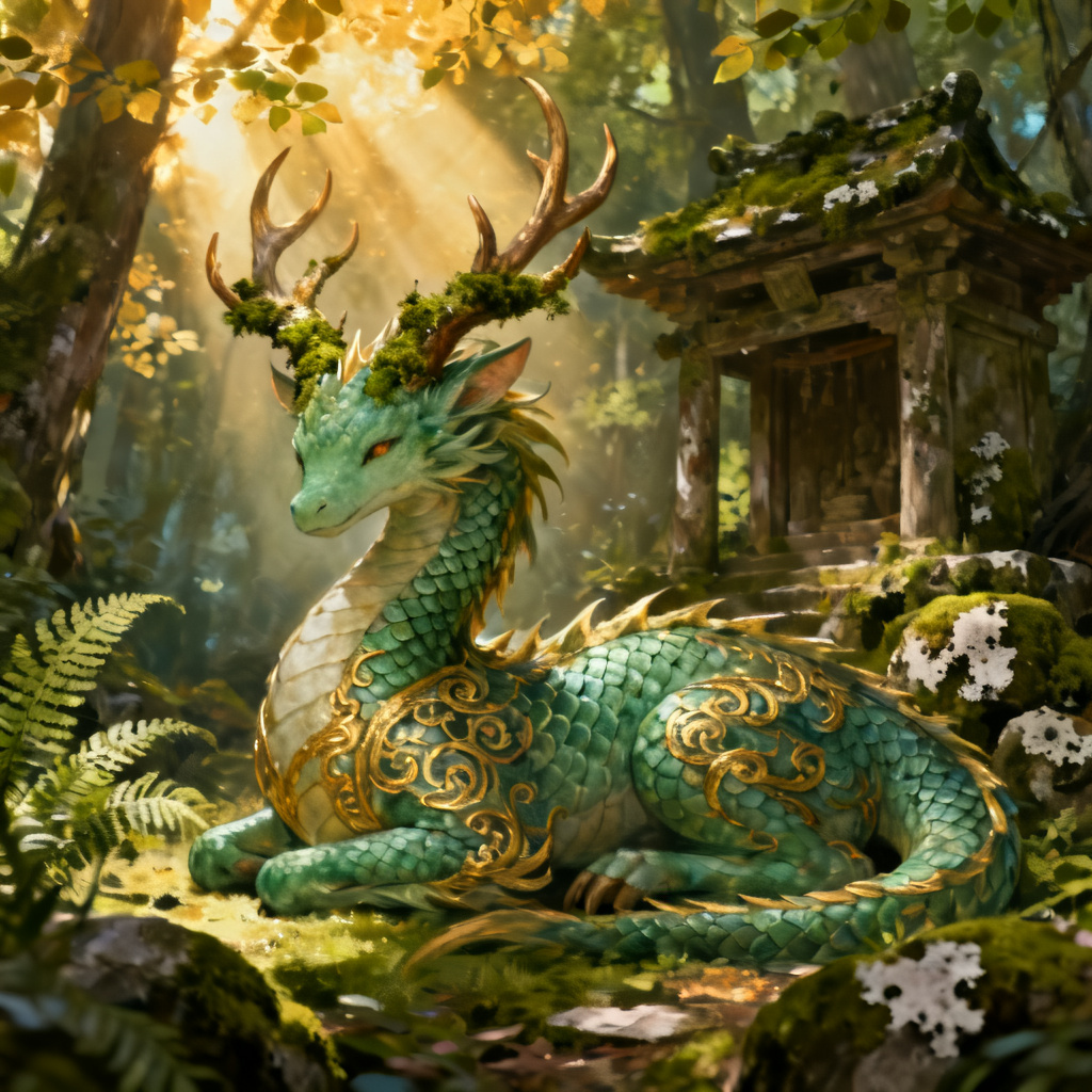 AI kirin-dragon hybrid OC in enchanted forest