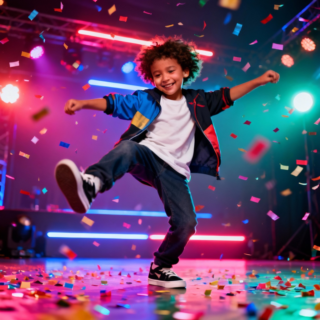AI dancing child performing hip hop on a colorful stage