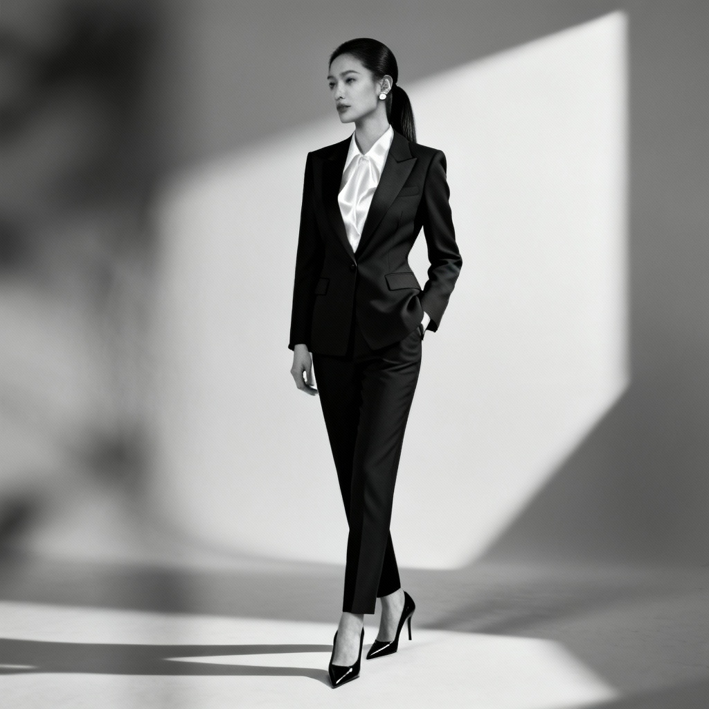 AI corporate women’s black suit with silk blouse