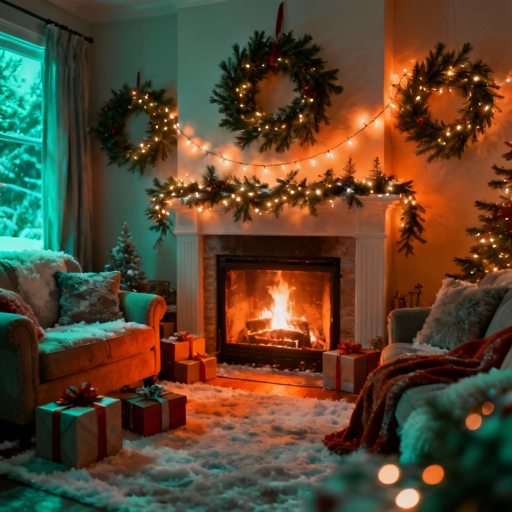 AI holiday vibe cozy winter living room with lights and fireplace