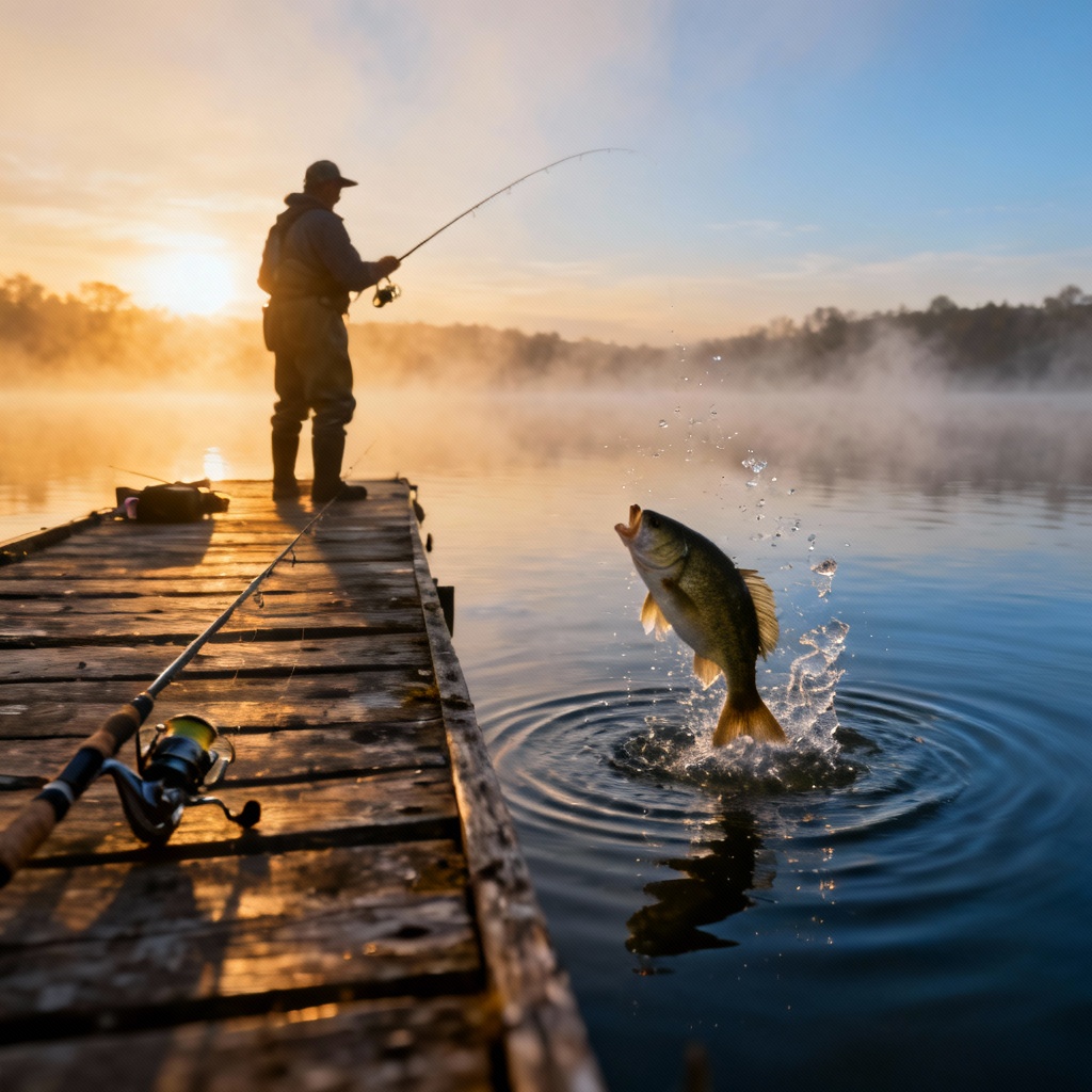 AI angler casting at sunrise on a misty lake