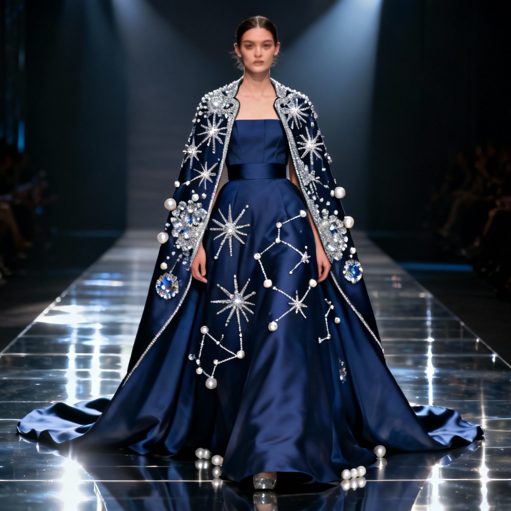 AI royal cape ball gown with 3D beadwork and cape