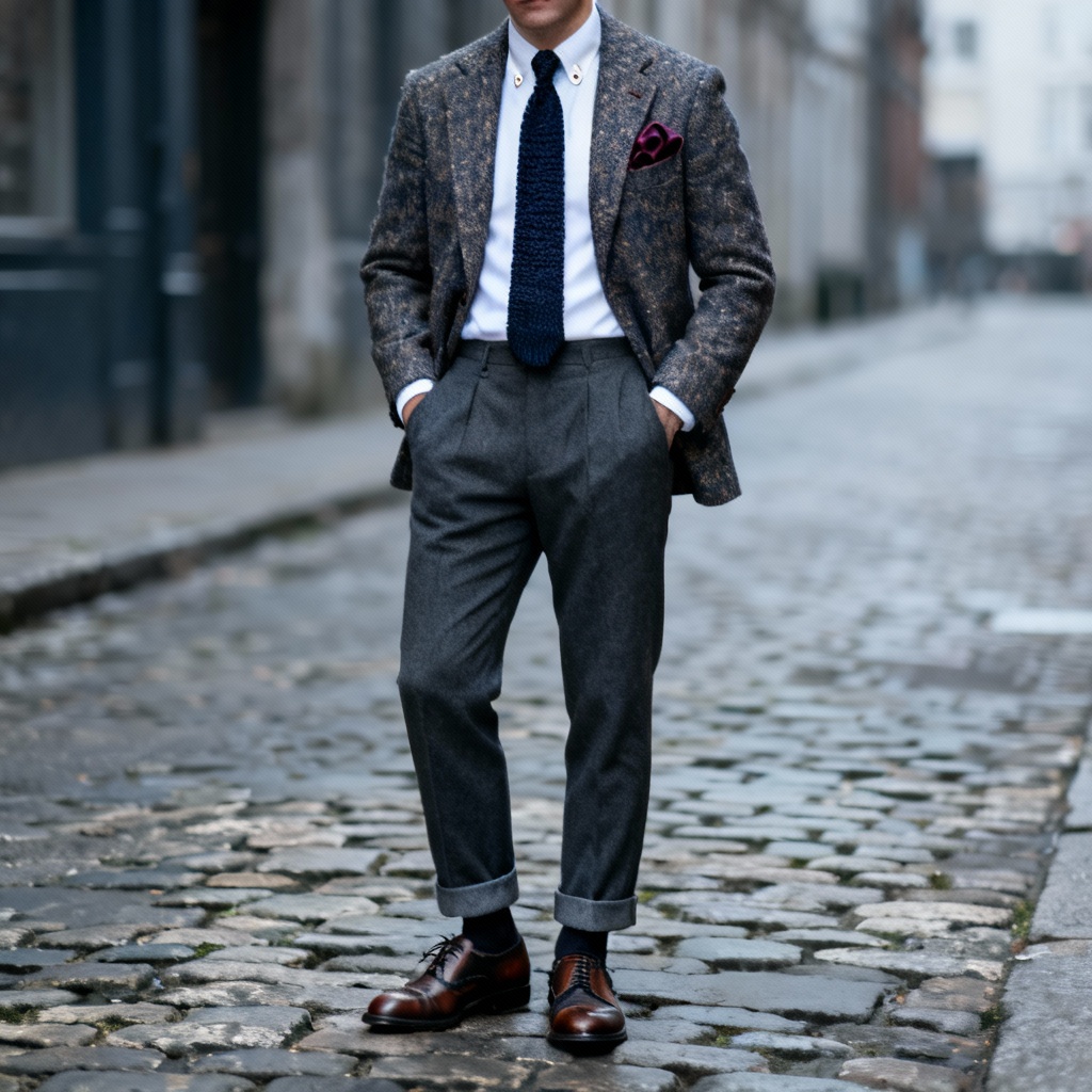 AI heritage menswear tweed blazer with brogues