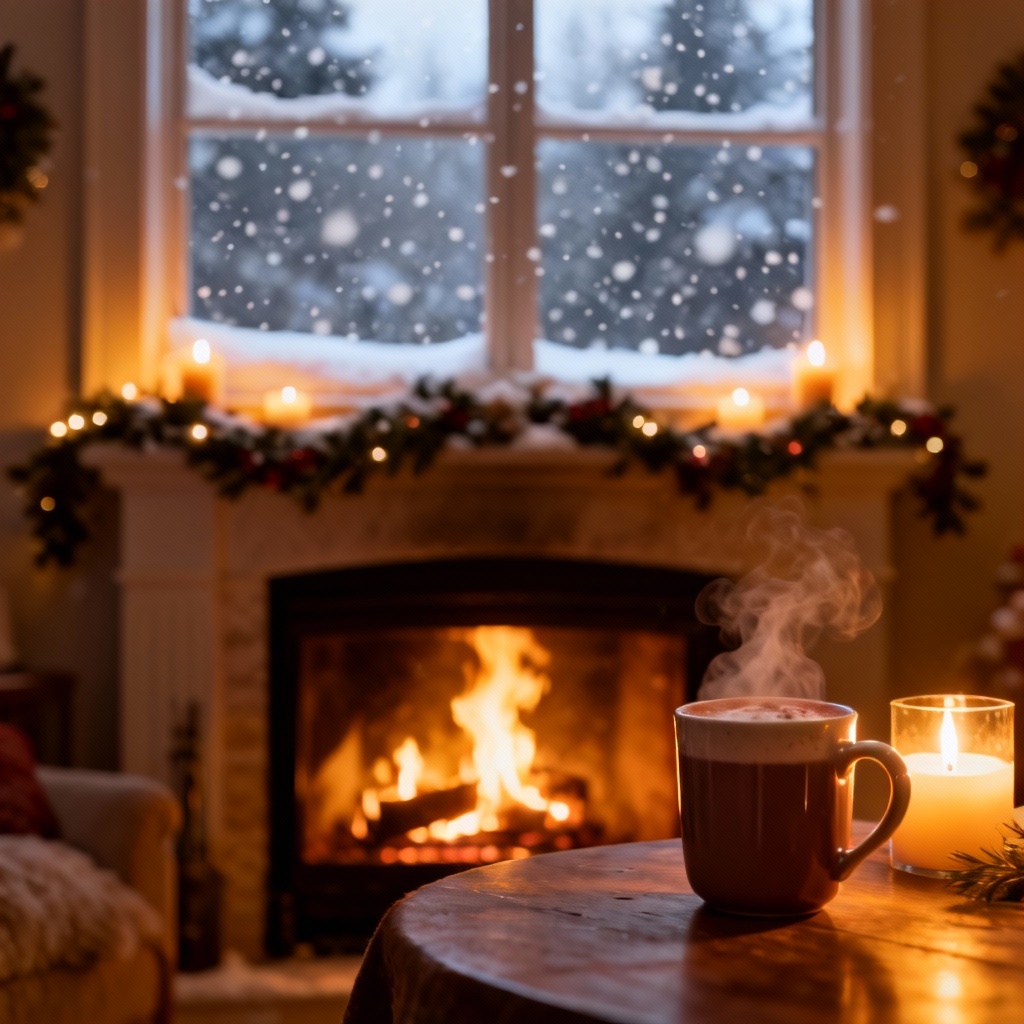 Festive fireplace with snowy window backdrop