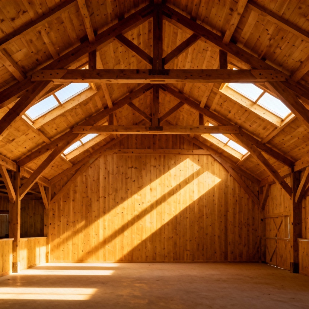 AI timber truss barn interior showcasing king post structure