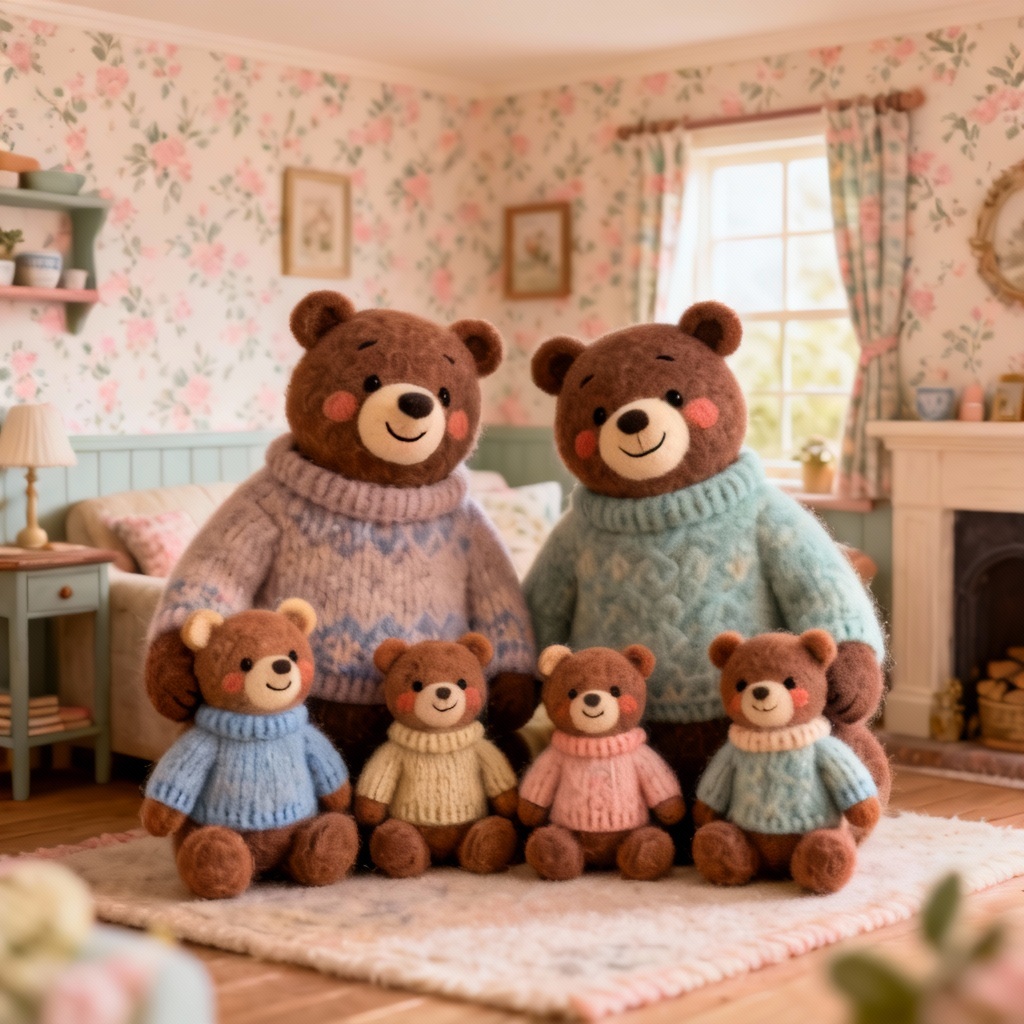 AI sylvanian pet bear family portrait in cottage living room
