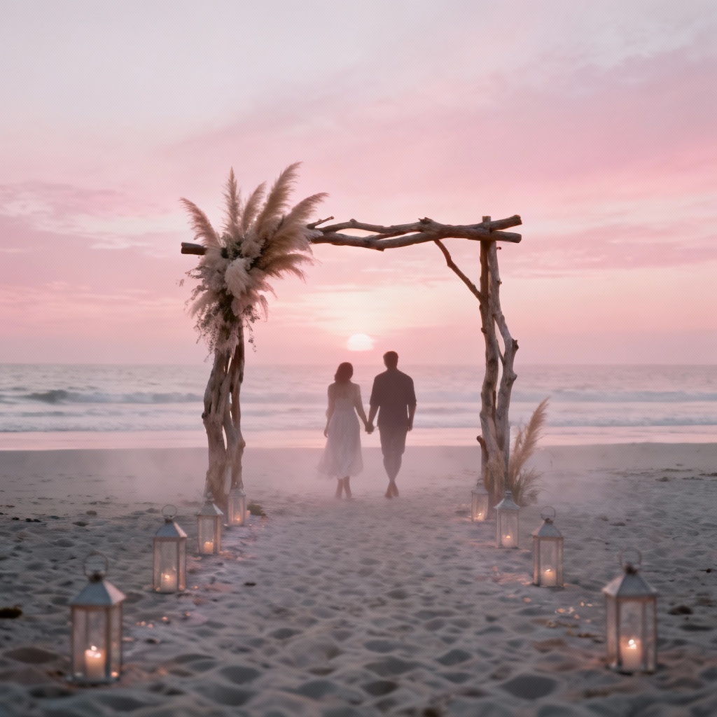AI beach wedding ceremony at sunset