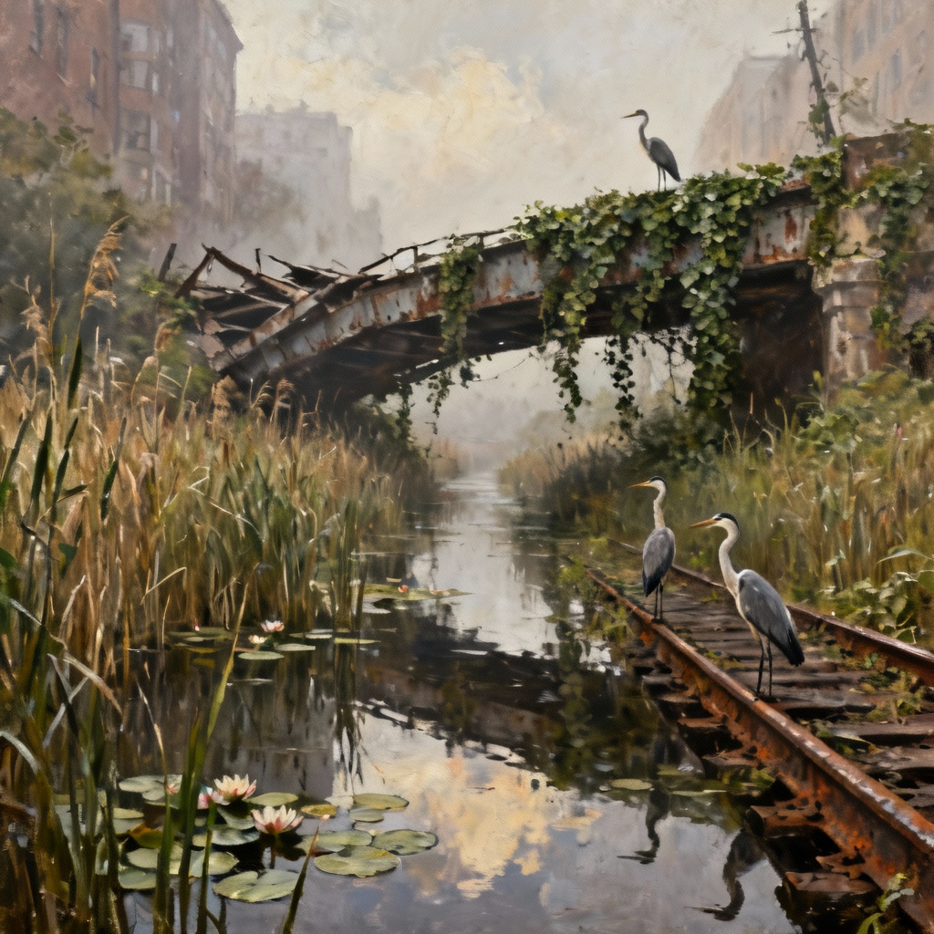 Rewilded city canal with reeds and ivy