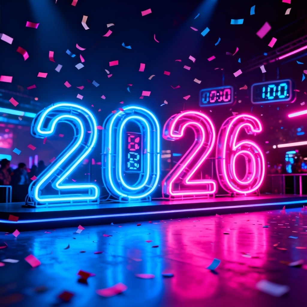 Neon 2026 countdown banner with glowing numbers and confetti