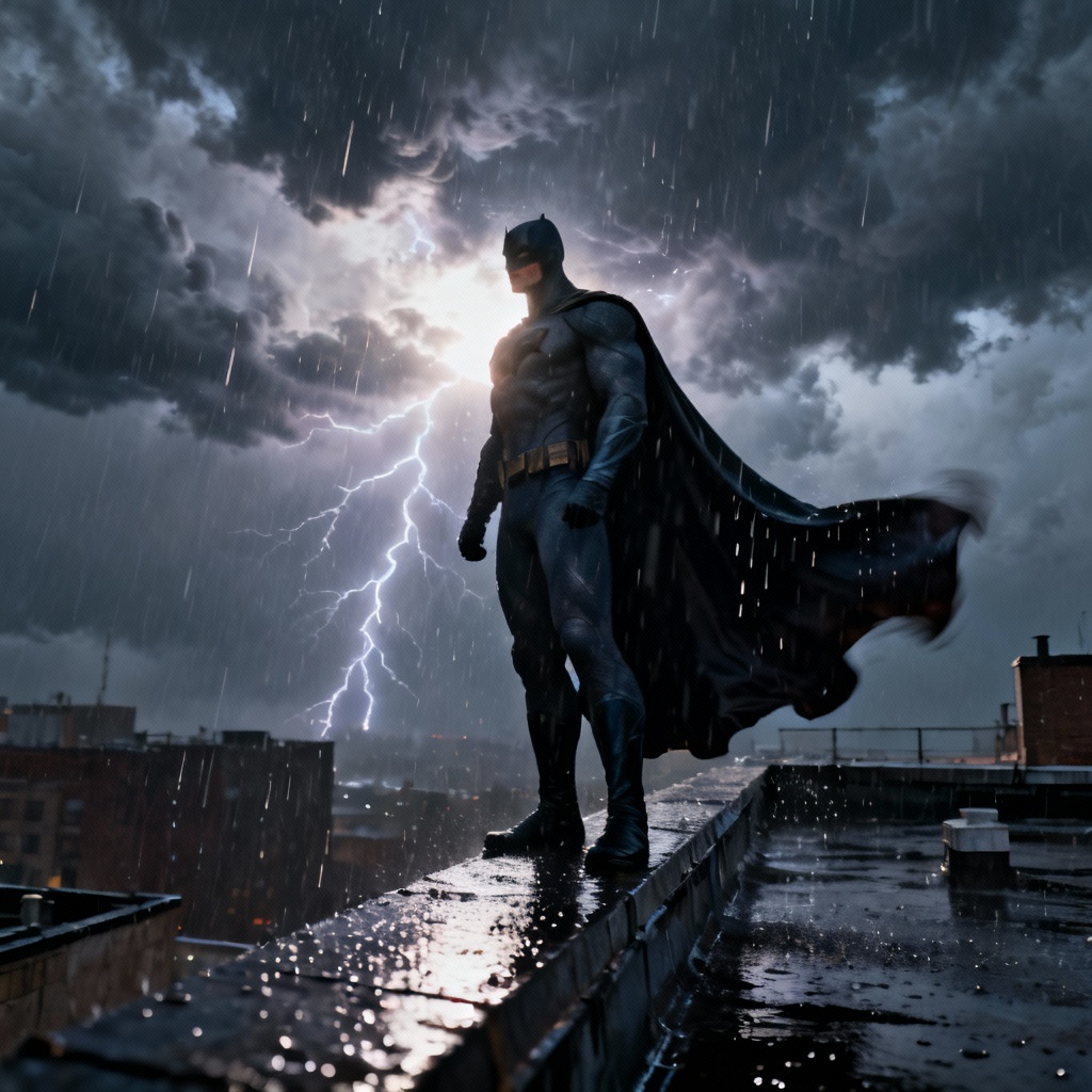 AI Superman rooftop in storm