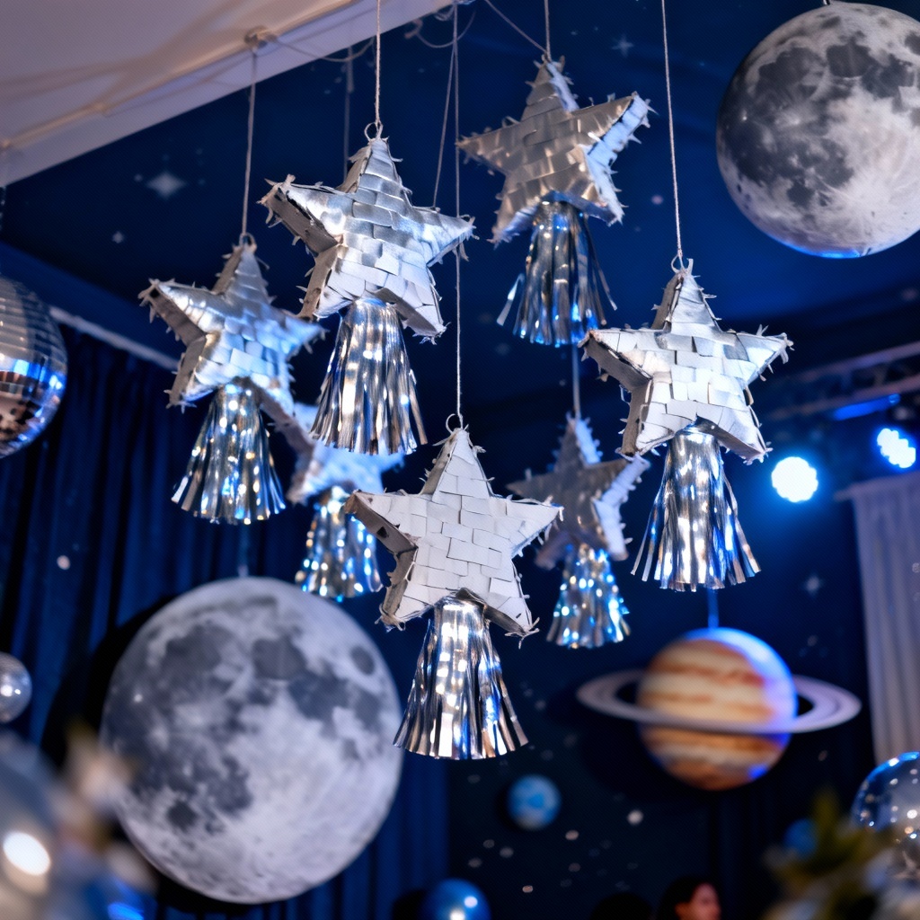 Space theme hanging star piñatas with metallic details