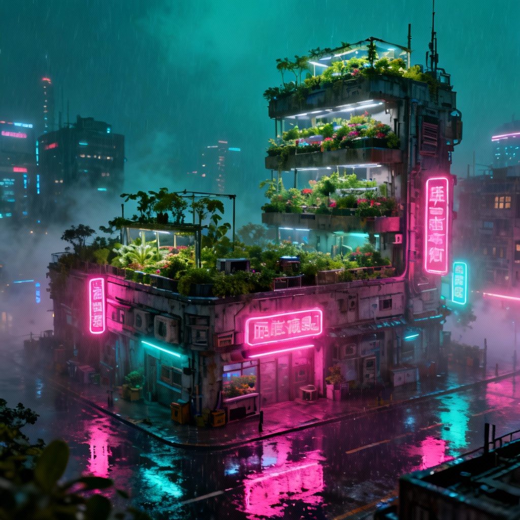 AI cyberpunk city with green rooftops