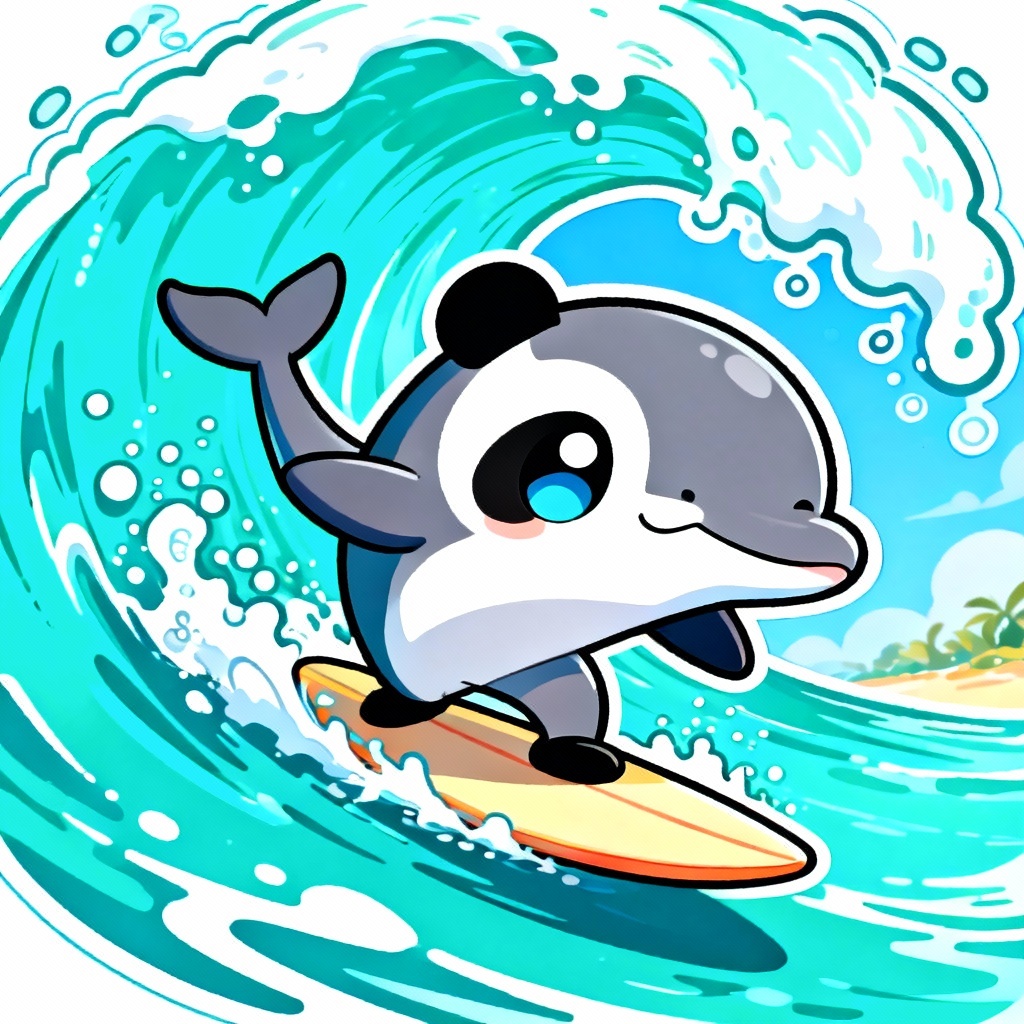 Cartoon panda-dolphin hybrid surfing a wave