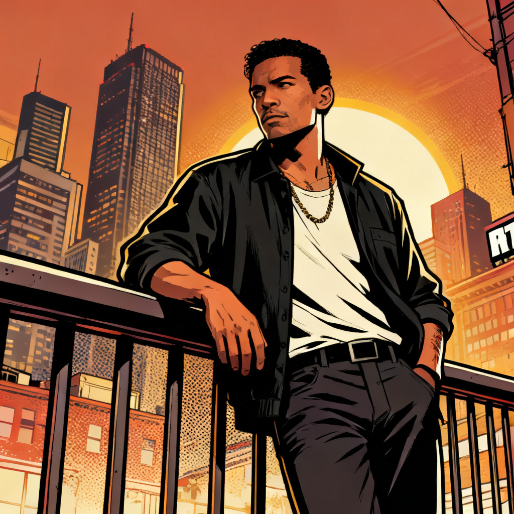 GTA-style protagonist poster with city backdrop
